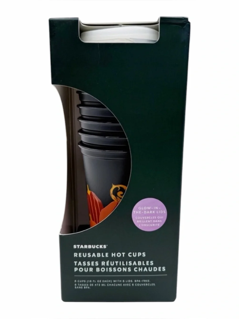 Starbucks Fall Pumpkin Hot Cups 6 Pack Travel Glow in Dark Lids NEW in Box Black